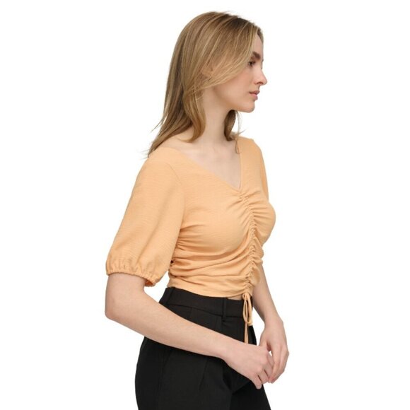 Calvin Klein Women's XL Drawstring-Ruched Light Orange Puffed-Sleeve Top NWT - Picture 4 of 7